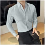 Generic Men's Casual Full Sleeve Striped Cotton Blended Shirt (Grey) - Image 3