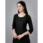 Generic Women's Casual 3-4 th Sleeve Embroidery Cotton Kurti (Black) - Image 3