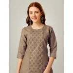 Generic Women's Casual 3-4 th Sleeve Embroidery Cotton Kurti Pant Set (Beige) - Image 3