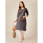 Generic Women's Casual 3-4 th Sleeve Embroidery Cotton Kurti Pant Set (Grey) - Image 2