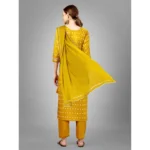 Generic Women's Casual 3-4 th Sleeve Embroidery Silk Blend Kurti Pant Dupatta Set (Golden) - Image 7