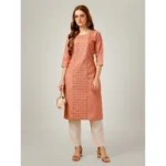 Generic Women's Casual 3-4 th Sleeve Embroidery Cotton Kurti Pant Set (Orange) - Image 2