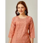 Generic Women's Casual 3-4 th Sleeve Embroidery Cotton Kurti Pant Set (Orange) - Image 3