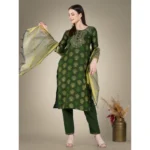 Generic Women's Casual 3-4 th Sleeve Embroidery Cotton Kurti Pant Dupatta Set (Dark Green) - Image 3