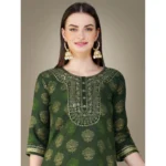 Generic Women's Casual 3-4 th Sleeve Embroidery Cotton Kurti Pant Dupatta Set (Dark Green) - Image 5