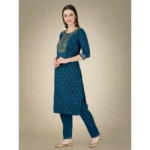 Generic Women's Casual 3-4 th Sleeve Embroidery Cotton Kurti Pant Dupatta Set (Blue ) - Image 2