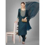 Generic Women's Casual 3-4 th Sleeve Embroidery Silk Blend Kurti Pant Dupatta Set (Blue) - Image 3