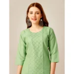 Generic Women's Casual 3-4 th Sleeve Embroidery Cotton Kurti Pant Set (Pista Green) - Image 3