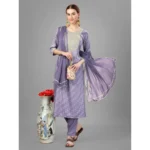 Generic Women's Casual 3-4 th Sleeve Embroidery Silk Blend Kurti Pant Dupatta Set (Lavender) - Image 3