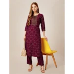 Generic Women's Casual 3-4 th Sleeve Embroidery Rayon Kurti Pant Set (Purple) - Image 3