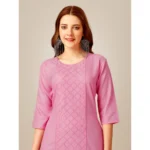 Generic Women's Casual 3-4 th Sleeve Embroidery Cotton Kurti Pant Set (Pink) - Image 3