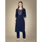 Generic Women's Casual 3-4 th Sleeve Embroidery Cotton Kurti Pant Dupatta Set (Dark Blue) - Image 7