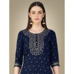 Generic Women's Casual 3-4 th Sleeve Embroidery Cotton Kurti Pant Dupatta Set (Dark Blue) - Image 5