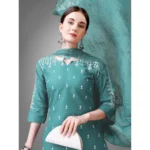 Generic Women's Casual 3-4 th Sleeve Embroidery Cotton Kurti Pant Dupatta Set (Teal) - Image 3