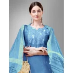 Generic Women's Casual 3-4 th Sleeve Embroidery Cotton Kurti Pant Dupatta Set (Sky Blue) - Image 3