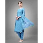 Generic Women's Casual 3-4 th Sleeve Embroidery Cotton Kurti Pant Dupatta Set (Sky Blue) - Image 4