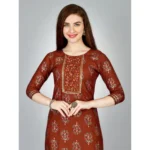 Generic Women's Casual 3-4 th Sleeve Embroidery Rayon Kurti Pant Set (Brown) - Image 4