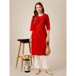Generic Women's Casual 3-4 th Sleeve Embroidery Cotton Kurti Pant Set (Red) - Image 3