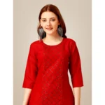 Generic Women's Casual 3-4 th Sleeve Embroidery Cotton Kurti Pant Set (Red) - Image 4