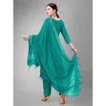 Generic Women's Casual 3-4 th Sleeve Embroidery Cotton Kurti Pant Dupatta Set (Rama) - Image 6