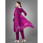 Generic Women's Casual 3-4 th Sleeve Embroidery Cotton Kurti Pant Dupatta Set (Purple) - Image 6