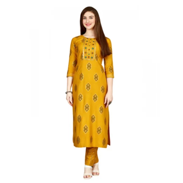 Generic Women's Casual 3-4 th Sleeve Embroidery Rayon Kurti Pant Set (Yellow)