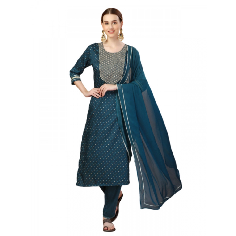 53694392917_c88ea69836_o_d-1000x1000-1.webp Generic Women's Casual 3-4 th Sleeve Embroidery Silk Blend Kurti Pant Dupatta Set (Blue) - Image 1