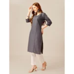 Generic Women's Casual 3-4 th Sleeve Embroidery Cotton Kurti Pant Set (Grey) - Image 4