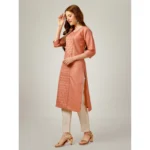 Generic Women's Casual 3-4 th Sleeve Embroidery Cotton Kurti Pant Set (Orange) - Image 4