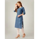 Generic Women's Casual 3-4 th Sleeve Embroidery Cotton Kurti Pant Set (Light Blue) - Image 4