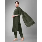 Generic Women's Casual 3-4 th Sleeve Embroidery Cotton Kurti Pant Dupatta Set (Dark Green) - Image 4