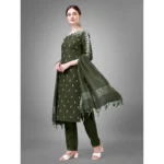 Generic Women's Casual 3-4 th Sleeve Embroidery Cotton Kurti Pant Dupatta Set (Dark Green) - Image 4