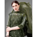 Generic Women's Casual 3-4 th Sleeve Embroidery Cotton Kurti Pant Dupatta Set (Dark Green) - Image 3