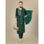 Generic Women's Casual 3-4 th Sleeve Embroidery Silk Blend Kurti Pant Dupatta Set (Dark Green) - Image 3