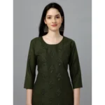 Generic Women's Casual 3-4 th Sleeve Embroidery Cotton Kurti (Dark Green) - Image 3