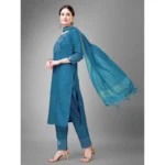Generic Women's Casual 3-4 th Sleeve Embroidery Cotton Kurti Pant Dupatta Set (Blue ) - Image 4