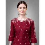 Generic Women's Casual 3-4 th Sleeve Embroidery Cotton Kurti Pant Dupatta Set (Maroon) - Image 3