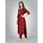 Generic Women's Casual 3-4 th Sleeve Embroidery Rayon Kurti Pant Set (Maroon) - Image 5