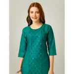 Generic Women's Casual 3-4 th Sleeve Embroidery Cotton Kurti Pant Set (Light Green) - Image 5