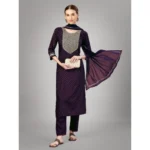 Generic Women's Casual 3-4 th Sleeve Embroidery Silk Blend Kurti Pant Dupatta Set (Purple) - Image 3