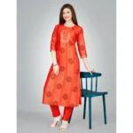Generic Women's Casual 3-4 th Sleeve Embroidery Rayon Kurti Pant Set (Orange) - Image 3