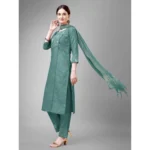 Generic Women's Casual 3-4 th Sleeve Embroidery Cotton Kurti Pant Dupatta Set (Teal) - Image 4