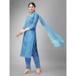 Generic Women's Casual 3-4 th Sleeve Embroidery Cotton Kurti Pant Dupatta Set (Sky Blue) - Image 4