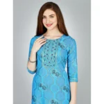 Generic Women's Casual 3-4 th Sleeve Embroidery Rayon Kurti Pant Set (Light Blue) - Image 4