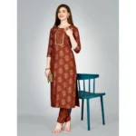 Generic Women's Casual 3-4 th Sleeve Embroidery Rayon Kurti Pant Set (Brown) - Image 3