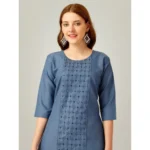 Generic Women's Casual 3-4 th Sleeve Embroidery Cotton Kurti Pant Set (Light Blue) - Image 3