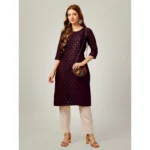 Generic Women's Casual 3-4 th Sleeve Embroidery Cotton Kurti Pant Set (Purple) - Image 3