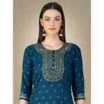 Generic Women's Casual 3-4 th Sleeve Embroidery Cotton Kurti Pant Dupatta Set (Blue ) - Image 5