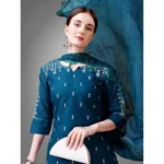 Generic Women's Casual 3-4 th Sleeve Embroidery Cotton Kurti Pant Dupatta Set (Blue ) - Image 3