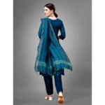 Generic Women's Casual 3-4 th Sleeve Embroidery Cotton Kurti Pant Dupatta Set (Blue ) - Image 6